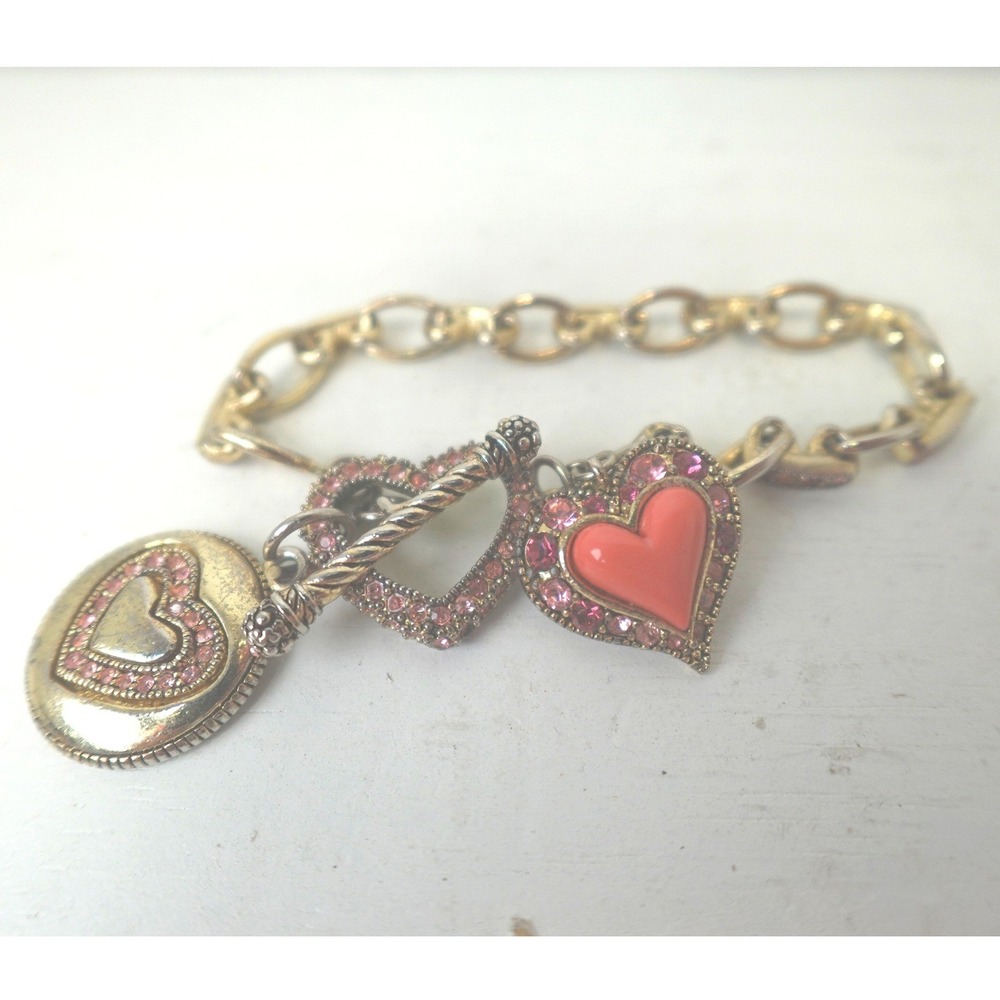 Chunky Y2K Bracelet Gold Tone‎ Pink Heart Charm Coquette Rhinestone Link Chain